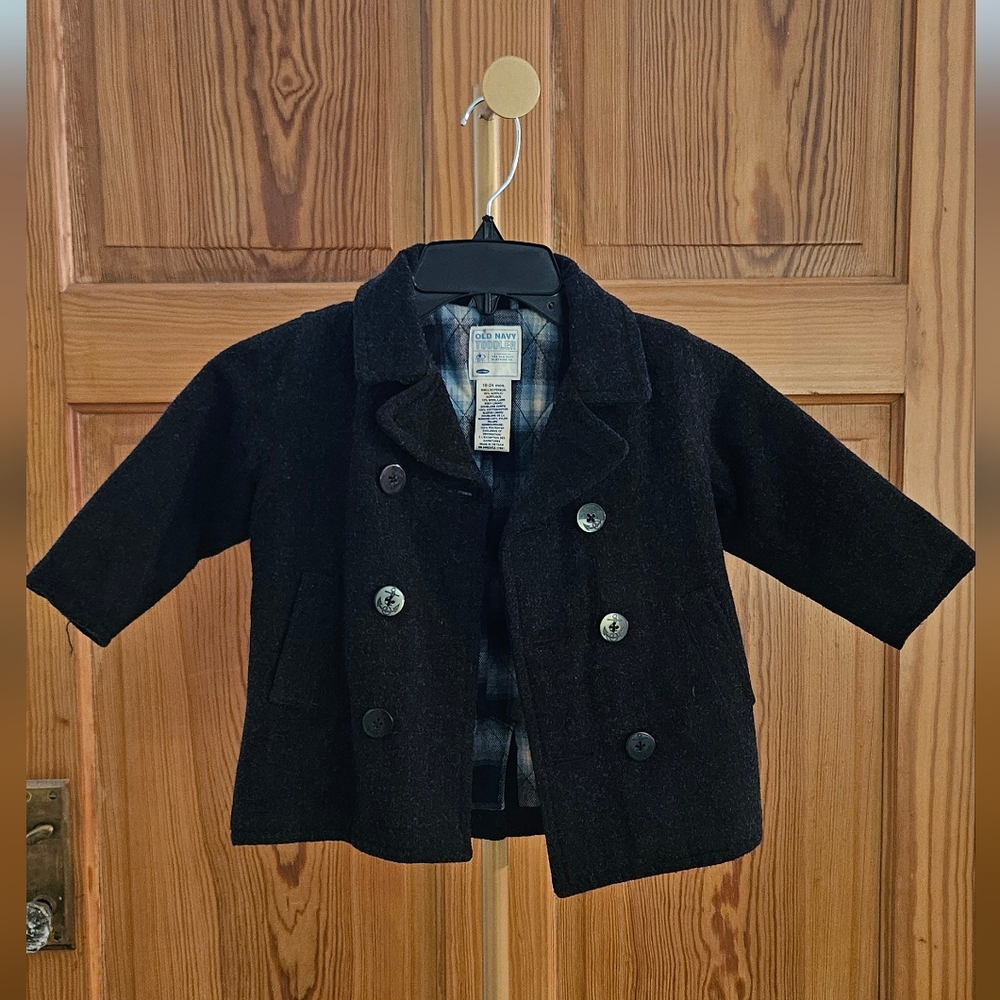 Old Navy Toddler Double Breasted Peacoat Charcoal Grey with Plaid lining